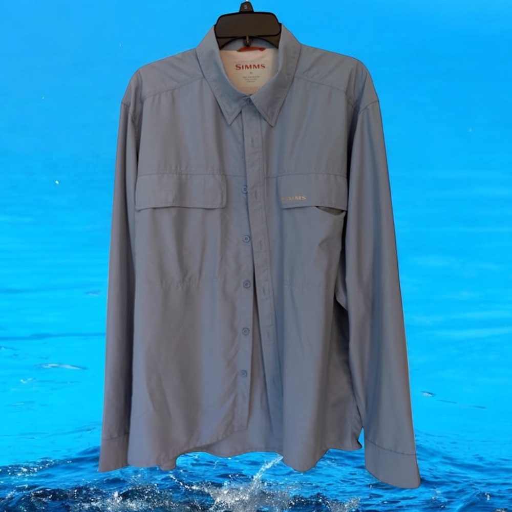 Simms XL Blue Button-Up Fishing Shirt, Blue, Long Sleeves, Lightweight Quick Dry